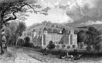 Audley End, Essex, grabado por Henry Adlard, 1832