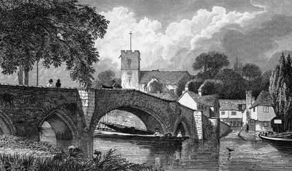Iglesia y puente de Aylesford, grabado por B. Winkles, publicado en 1829