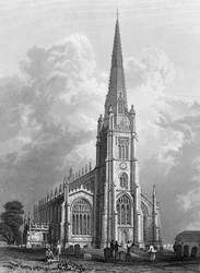 Iglesia de Santa María la Virgen, Saffron Walden, grabado por Robert Sands, 1832