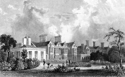 Easton Lodge, cerca de Dunmow, Essex, grabado por Henry Adland, 1832
