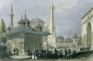 Fuente y Plaza de Santa Sofía, Estambul, grabado por T. Higham, c.1850