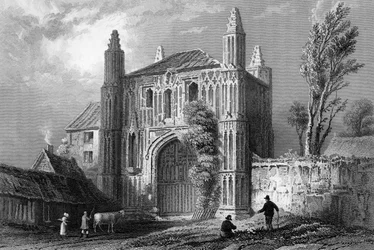 Puerta de la Abadía de San Juan, Colchester, Essex, grabado por Samuel Lacey, 1832