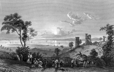 Castillo de Hadleigh, Essex, mirando hacia Sheerness, grabado por William Watkins, 1835