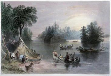 Tipis y canoas indias, orillas del St Laurent - en 