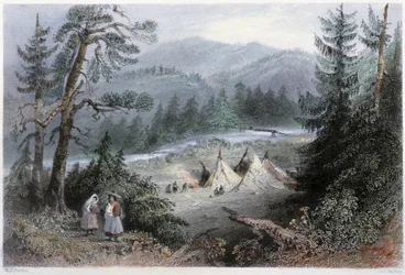 Campamento indio cerca del Puente del General, área de Annapolis - en “Canadian scenery illustrated” por W.H. Bartlett, Londres