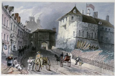 La puerta "Priscott Gate" en Quebec City, Canadá - en "Canadian Scenery illustrated" por William Henri Barlett, ed. George Virtue