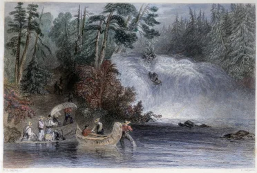 Hombres llevando canoas en el paso de un torrente por colonos - en "Canadian scenery illustrated" por W.H. Bartlett, Londres