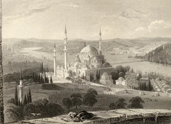 Mezquita y tumba de Solimán, desde la Torre del Seraskier, Estambul, Turquía, grabado por H. Adlard