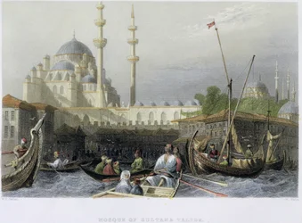 Mezquita de Sultana Valide desde el Puerto, grabado por William Wallis, c.1850