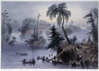 Escena entre las Mil Islas: Campamento y Barcos, Mille Îles - en "Paisaje canadiense ilustrado" por Bartlett W. H.