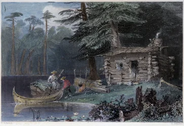Pequeña casa de colonos en el lago Chaudière - en “Canadian scenery illustrated” por W.H. Bartlett, Londres