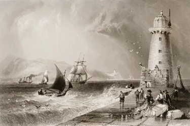Faro de South Wall con la colina de Howth en la distancia, Dublín, de 