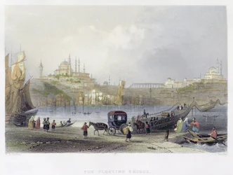 El puente flotante, Estambul, grabado por J.C. Bentley, c.1850
