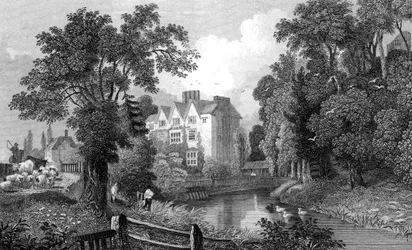 El foso del castillo de Ongar y la Casa del Castillo, Essex, grabado por Henry Wallis, 1832