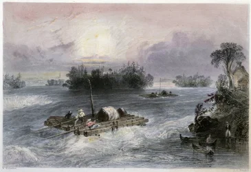 Transporte de madera y rápidos al pueblo de Cedars - en Canadian scenery illustrated por Bartlett W. H.