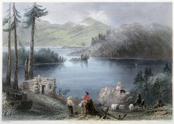 Vista del lago y la orilla - en "Paisaje canadiense ilustrado" por Bartlett W. H.