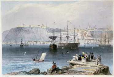 Vista de Quebec y su puerto (Canadá) - en "Canadian Scenery Illustrated" de William Henri Barlett, ed. George Virtue