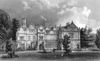 Fachada oeste de Spains Hall, Essex, grabado por John Rogers, 1832