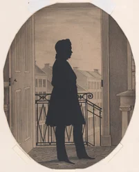 Silueta de un joven ante una ventana abierta, mirando a la derecha, antes de 1860