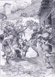 El teniente Harley liderando la salida de Fort Chitral, ilustración de la Historia de Inglaterra de Cassell, 1900s