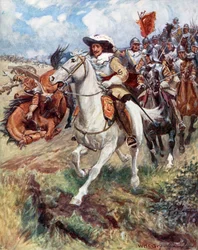 "Nuestros coraceros han irrumpido en las filas de la Accurst, y en un choque han dispersado el bosque de sus picas" (litografía en color)