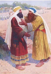 El encuentro de Jacob y Esaú, de El Libro de Imágenes de la Biblia publicado por Thomas Nelson, c.1950