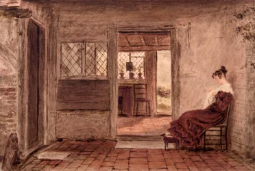 Interior de casa de campo con niña cosiendo, c.1828 (acuarela sobre papel)