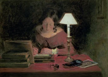 Niña escribiendo a la luz de la lámpara, c.1850