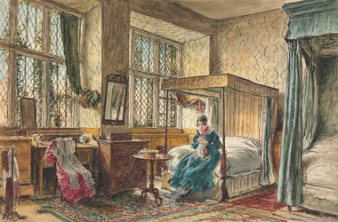 La señorita Moore cosiendo en su dormitorio, Hardwick Hall, Derbyshire