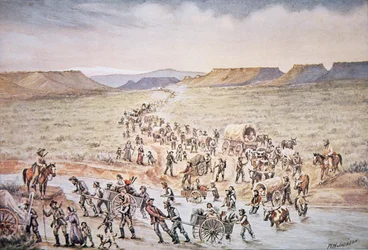 Pioneros mormones con carretas de mano dirigiéndose al oeste hacia Utah en 1850