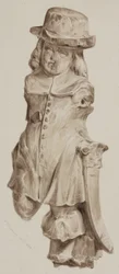Figura tallada en roble, en un momento en la entrada de la casa construida en el sitio de la Taberna Boars Head, Eastcheap, 1834 (lavado en papel)