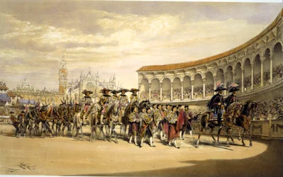 Entrada de los toreros en procesión. Lake Price (c1810-1896) Artista inglés. Toreros procesionando en el estadio de Sevilla, España. Corrida Matador Tradición Traje Sangre Deporte Espectáculo