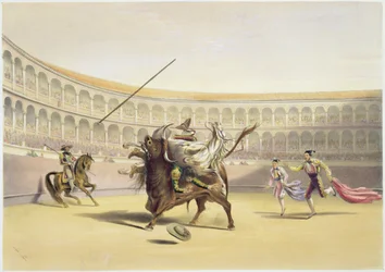 El toro lanzando al picador y al caballo, 1865