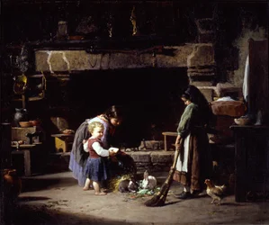 Interior de una granja: niños bretones alimentando conejos