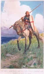 Así con buen corazón, y más armado, Galahad cabalgó más lejos en su búsqueda