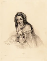 Retrato de Amy. Belleza con un velo sobre el pelo largo, vestido de armiño sin hombros, sosteniendo un collar de perlas. Grabado en acero de William Henry Mote a partir de una ilustración de John Hayter de Charles Heath