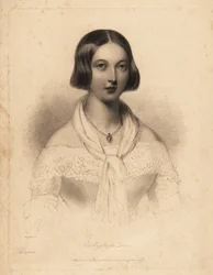 La joven reina Victoria, a principios de los años 20. Grabado en acero de William Henry Mote según una ilustración de William Drummond de English Pearls, or Portraits for the Boudoir de Charles Heath, Tilt and Bogue, Londres.