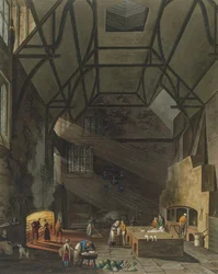 Interior de la cocina, Trinity College, Cambridge, de La Historia de Cambridge, grabado por Joseph Constantine Stadler (fl.1780-1812), pub. por R. Ackermann, 1815