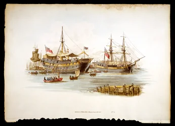 Barcos prisión o tenders en el Támesis frente a la Torre de Londres, 1805