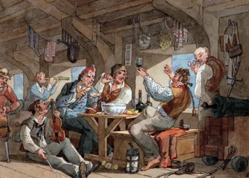 Marineros bebiendo a bordo de la cubierta inferior de su barco, escena con violinista y fumador de pipa, lino tendido en una cuerda y equipo de a bordo (espada, pistola, cañón, lámpara).
