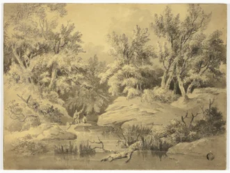 Dos figuras jugando al punching en un arroyo del bosque