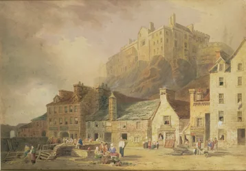 Castillo de Edimburgo desde el Mercado de la Hierba, mostrando el Pequeño Puerto Oeste, c.1820