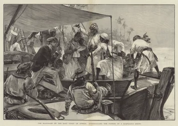 El bloqueo en la costa este de África, revisando los papeles de un dhow sospechoso (grabado)