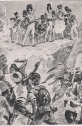 Los seguidores de Carmichael dispararon una descarga en el denso grupo de hombres: Batalla de Bharatpur 1826, ilustración de British Battles on Land and Sea, 1915