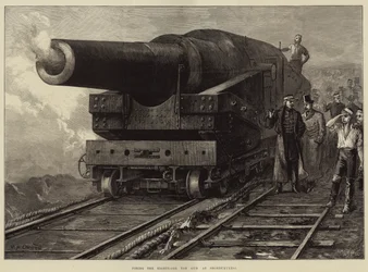 Disparando el cañón de ochenta y una toneladas en Shoeburyness