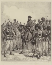 General Ghous-ud-din Khan, Comandante de las Tropas Afganas en Penjdeh, con sus Soldados Afganos