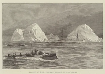 HMS Tyne y torpederos entre icebergs en el Atlántico Norte