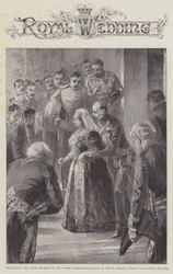 Su Majestad la Reina escoltada a la Capilla, Palacio de Buckingham, por el Príncipe Christian Victor de Schleswig-Holstein