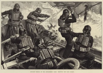 Servicio de Bote Salvavidas en la Costa de Lincolnshire, lanzando el Cohete de Mano