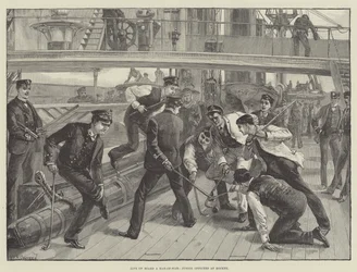 Vida a bordo de un buque de guerra, oficiales jóvenes jugando al hockey